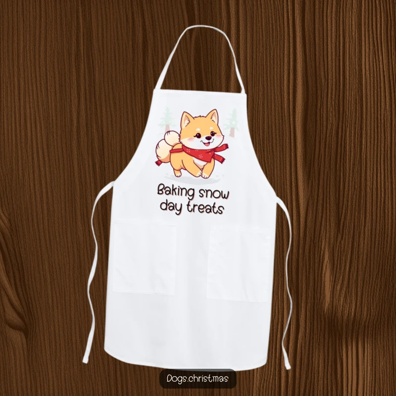 Funny Kawaii Shiba Inu Apron: A happy dog in a festive bandana joyfully bounding through snow, ready for festive culinary fun.
