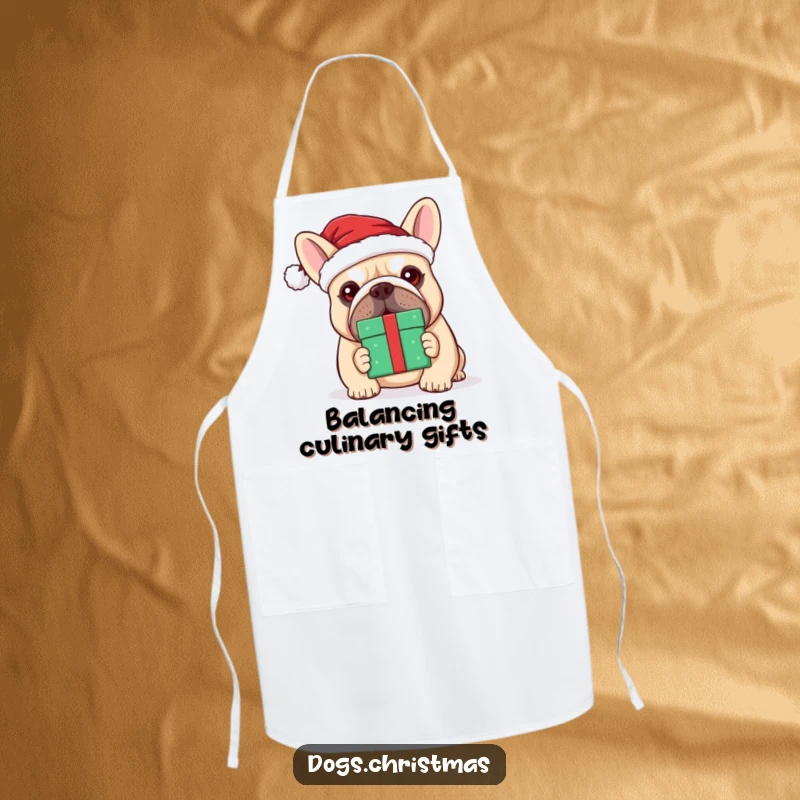 Funny kawaii bulldog in a Santa hat humorously balancing a gift on its nose, designed for holiday cooking.