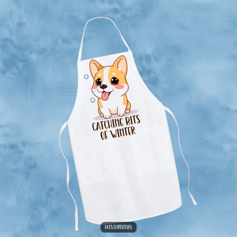 Funny apron featuring a Corgi dog comically catching snowflakes on its tongue, perfect for a playful winter cook.