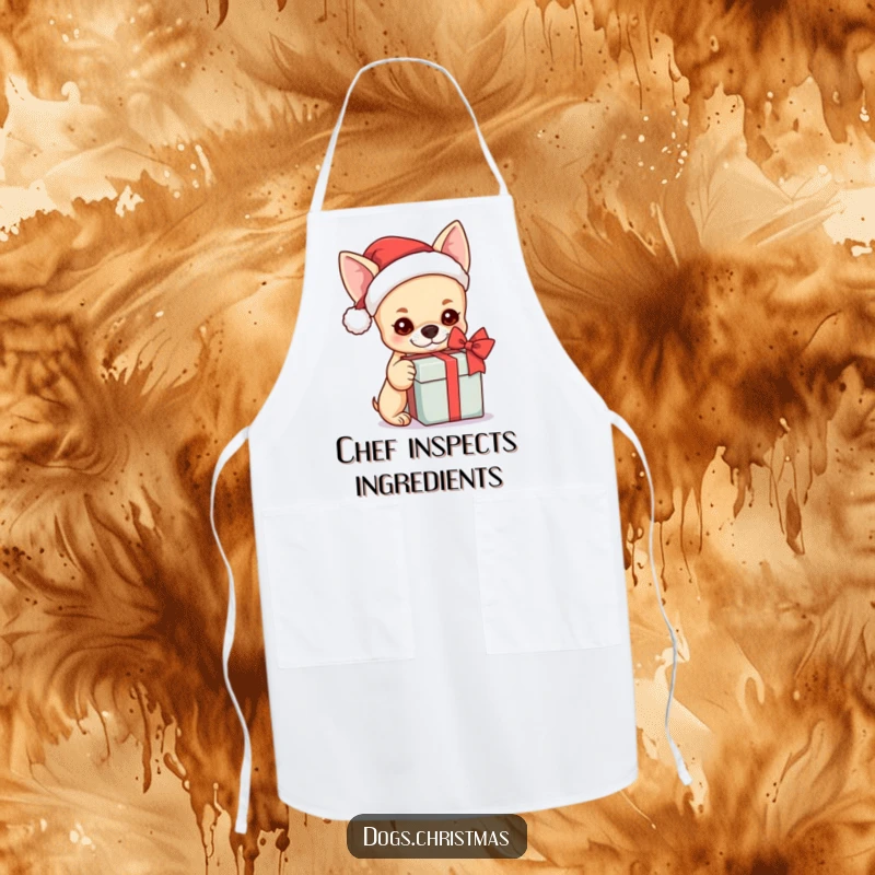 Funny kawaii chihuahua in a Santa hat curiously shaking a gift box, perfect for holiday baking.