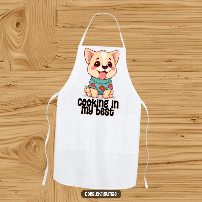 Funny Dog Apron with a cute dog in a festive sweater, panting happily, perfect for the holiday kitchen.