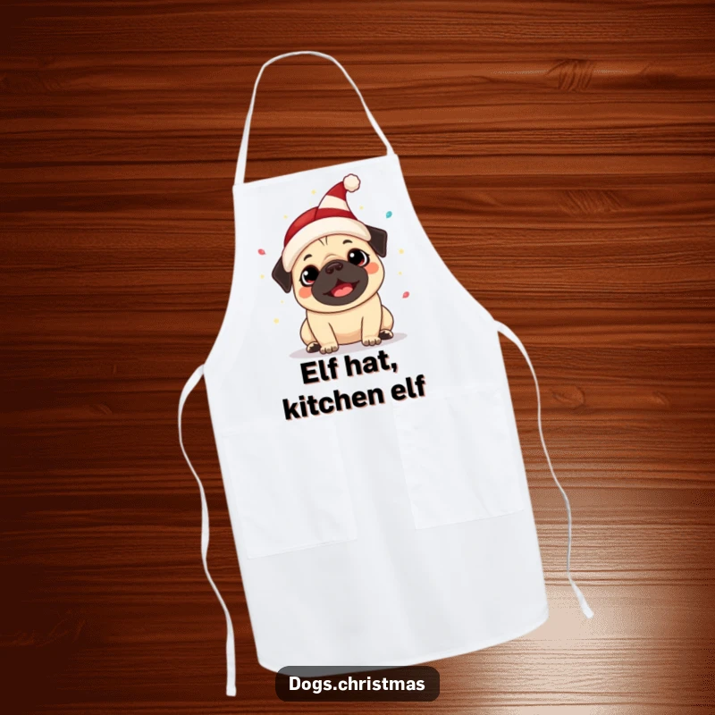 Funny Kawaii Pug Apron: A happy pug in an elf hat barks surrounded by festive lights, a humorous and practical cooking accessory.