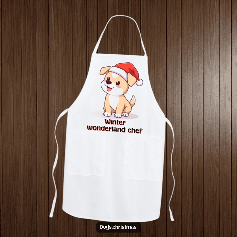 Funny Santa dog apron, happy wagging tail in falling snow, festive kitchen wear for dog lovers.