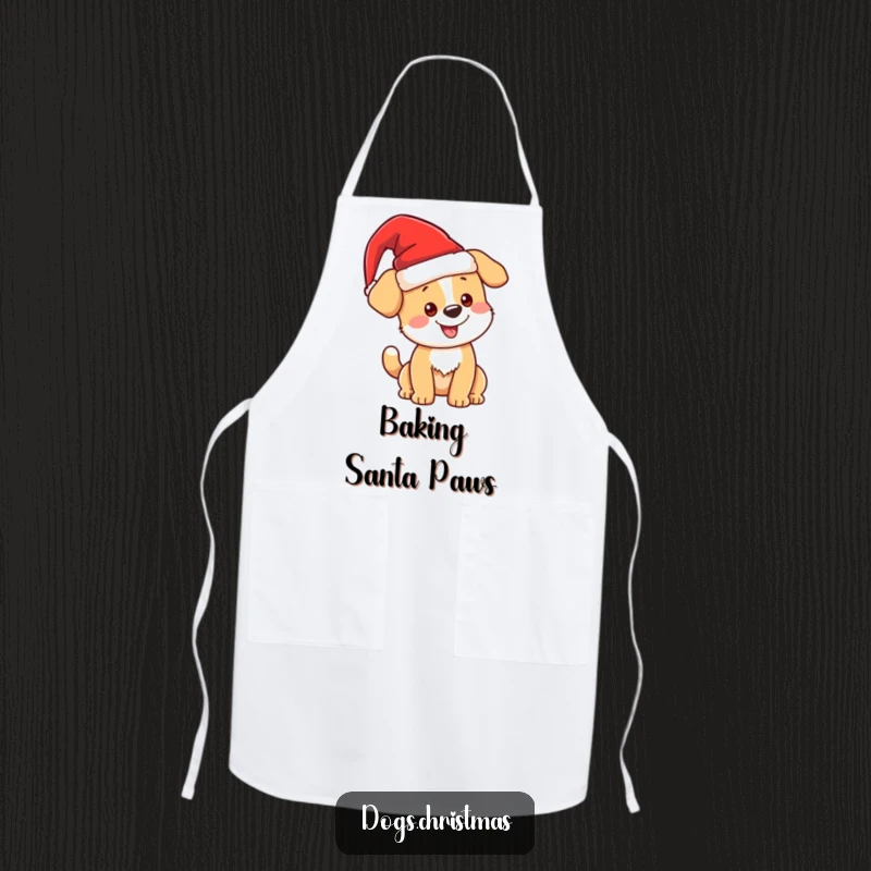 Funny kawaii Christmas dog wearing an apron and Santa hat, festive baking accessory, cute pup design, perfect funny gift.