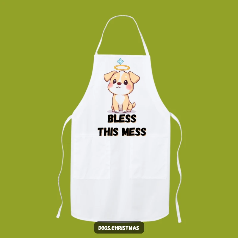 Funny Dog Halo Apron: Cook with a Smile Featuring a Surprised Pup in Halo & Snowflake