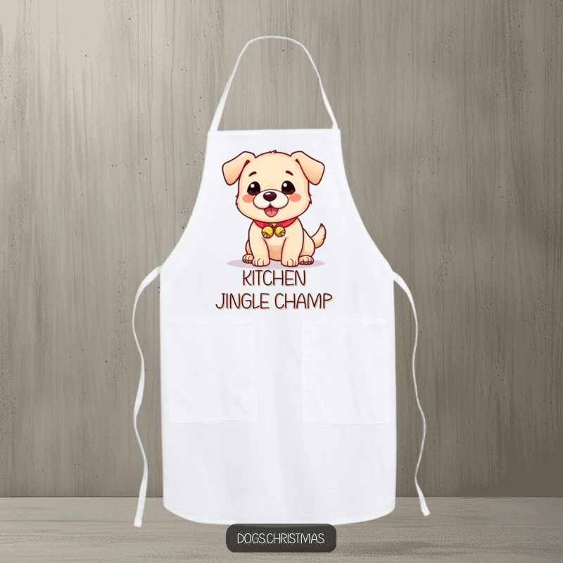 Funny apron with a cute dog wearing small jingle bells, perfect for adding a playful touch to cooking.