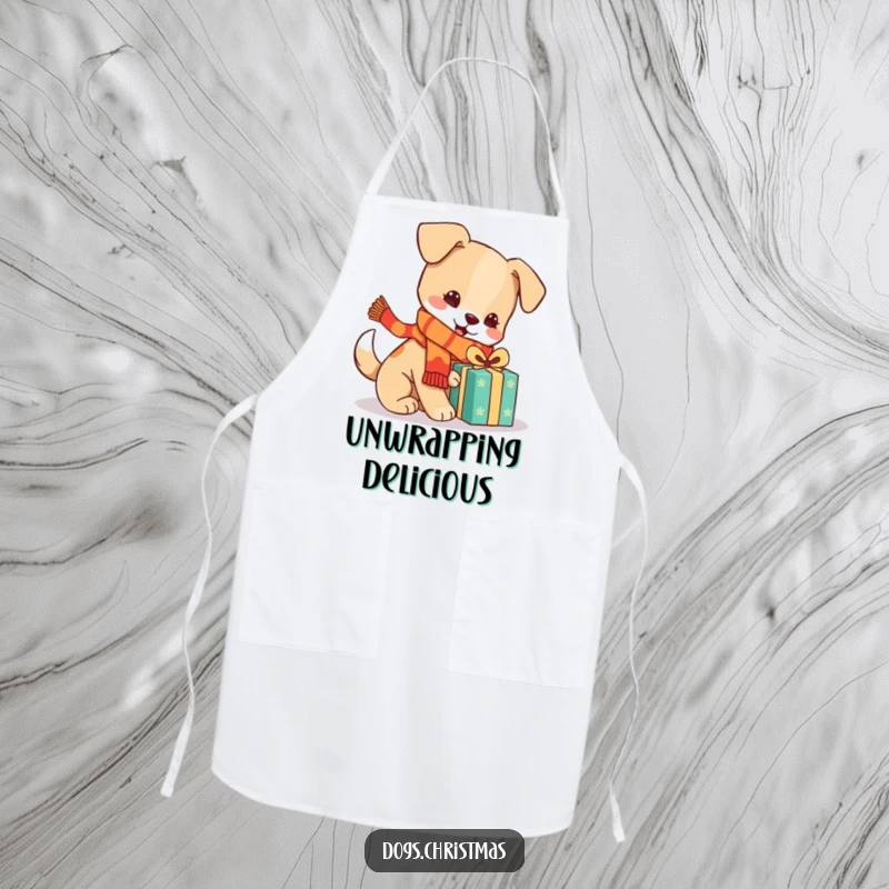 Funny kawaii dog wearing an apron, scarf, playing with a gift, festive kitchen accessory, perfect funny gift.