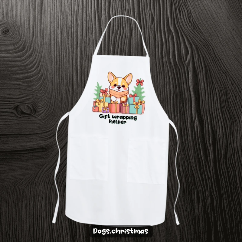 Funny Kawaii Corgi Apron: A corgi in a cozy scarf peeks from a gift pile, a humorous and practical kitchen accessory.