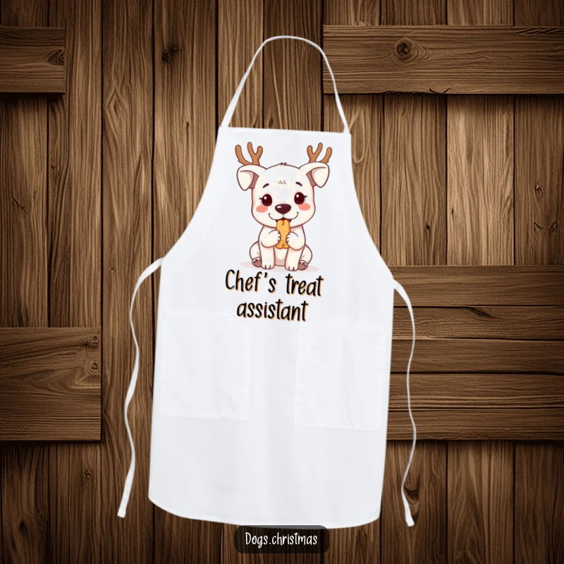 Funny kawaii dog wearing reindeer antlers, begging for treats, on a functional and funny kitchen apron.