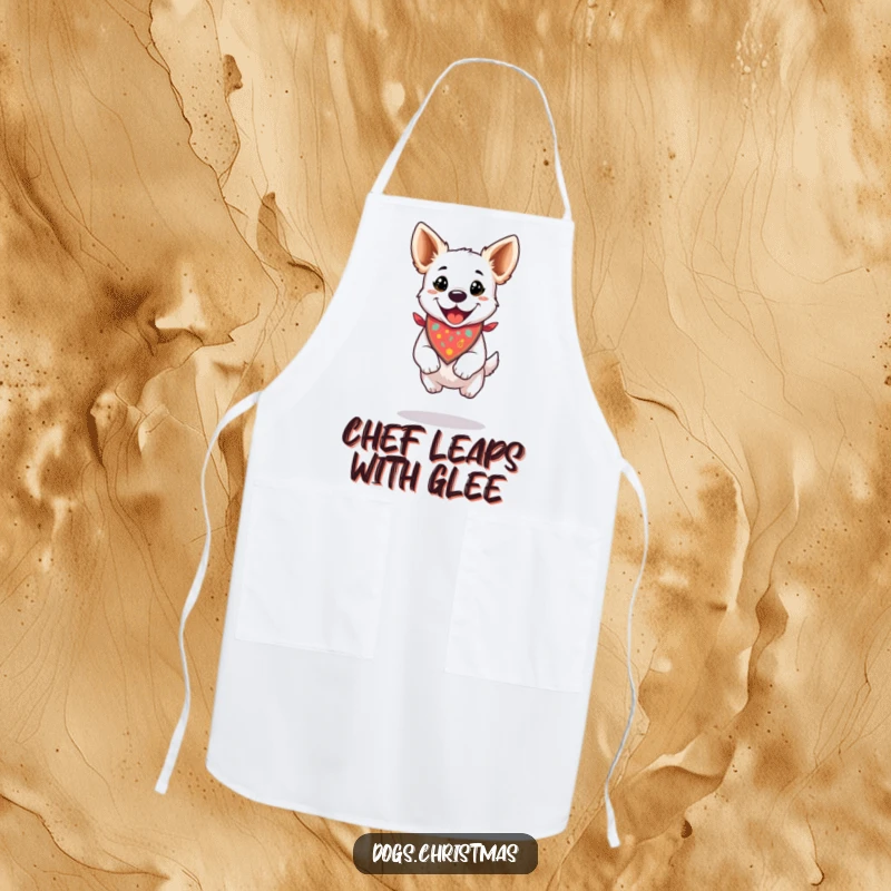 Funny cooking apron showing a dog wearing a festive bandana, doing a happy jump, great for holiday fun.