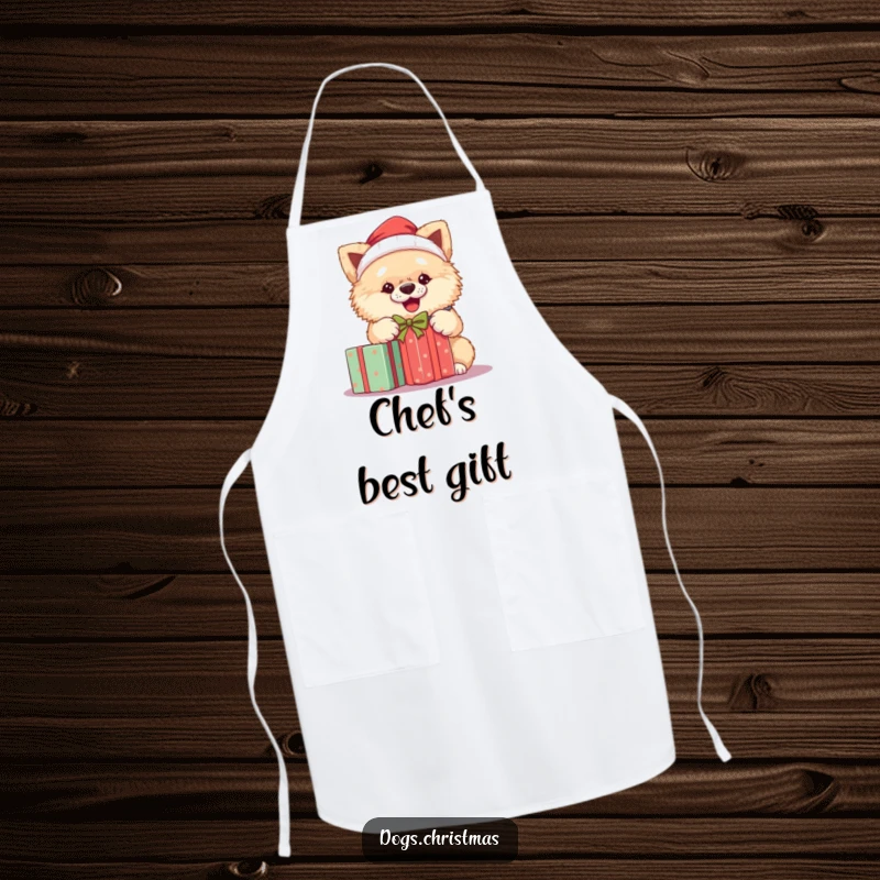 Funny Santa dog apron showing a fluffy dog in a Santa hat, excitedly unwrapping a present, ready for festive cooking.