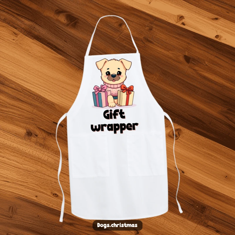 Funny Kawaii Dog Apron: A dog in a festive sweater eyes a gift, ideal for a funny and cheerful kitchen experience.