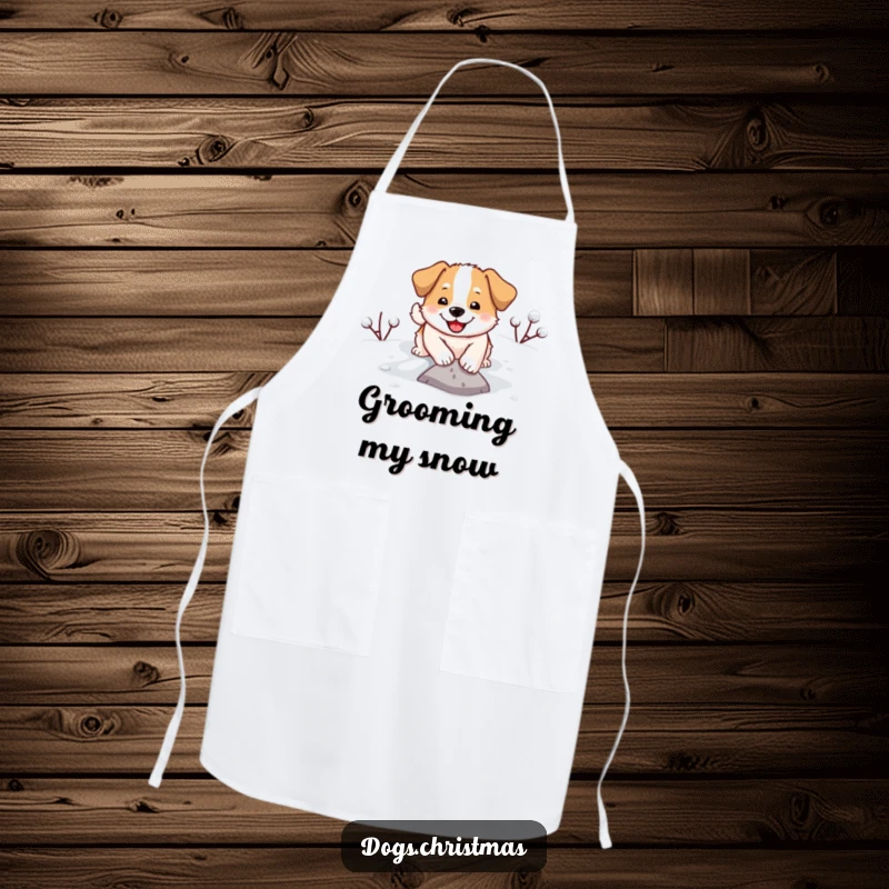Funny apron illustrating a happy dog digging energetically in the snow, ready for kitchen duty.