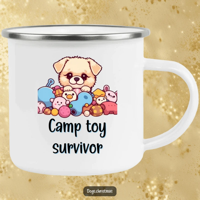 Funny kawaii dog in a camping mug, fluffy pup outdoor gear, cute dog design, perfect funny gift.