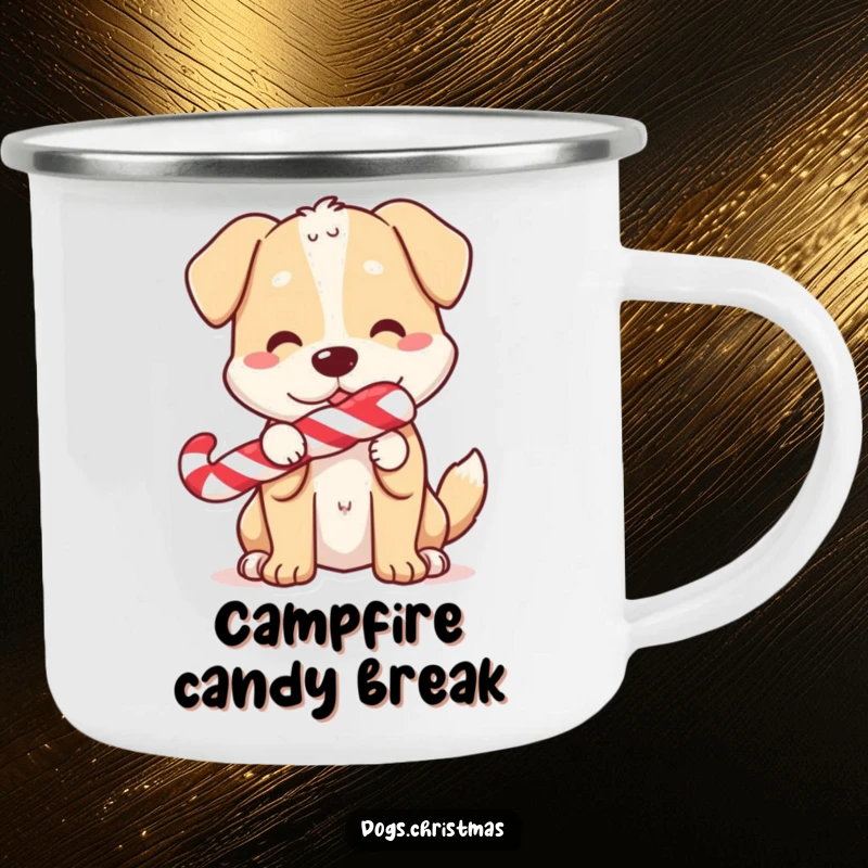 Funny Camping Mug: A dog holding a candy cane, tail wagging, perfect for enjoying drinks in the great outdoors.