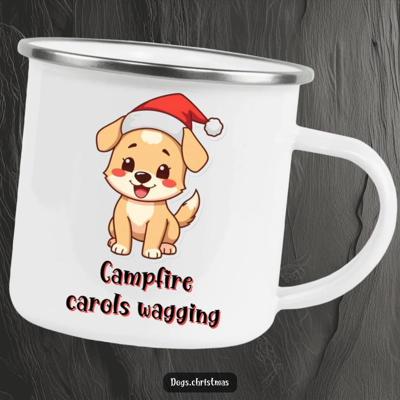 Funny Christmas Dog Camping Mug: An enamel mug showcasing an excited dog in a Santa hat, wagging its tail.