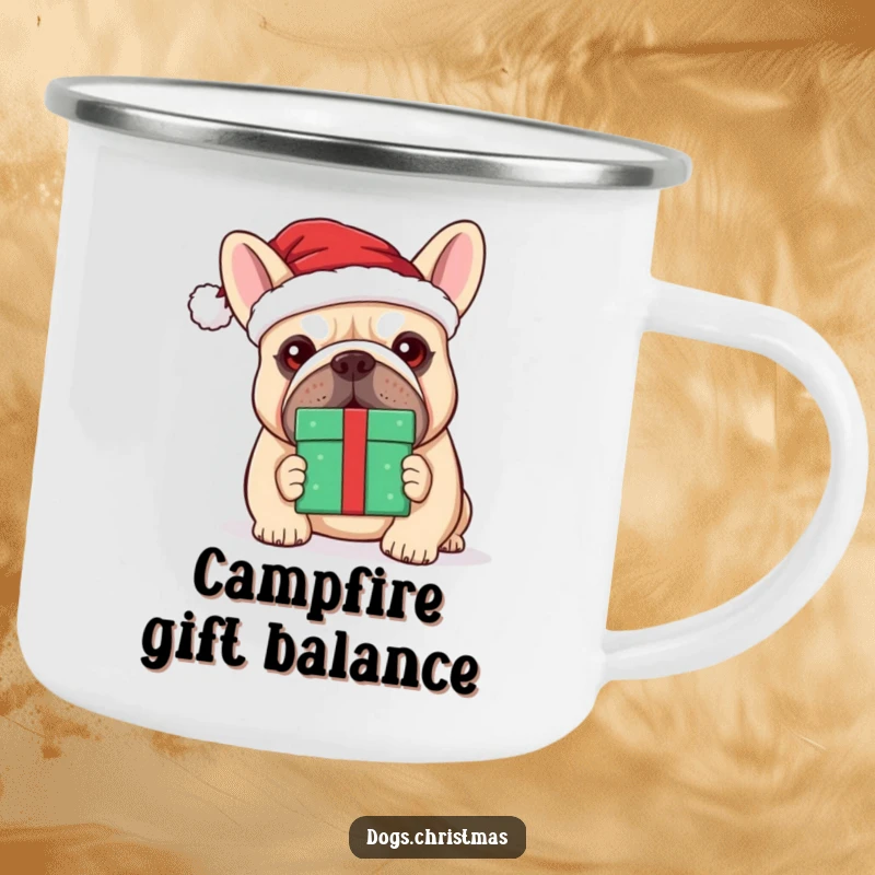 Funny kawaii bulldog in a Santa hat humorously balancing a present on its nose, perfect for outdoor use.
