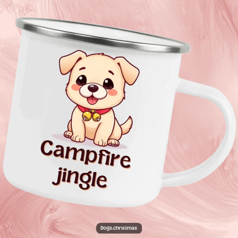 Funny camping mug featuring a playful dog with tiny jingle bells, ready for any adventure.