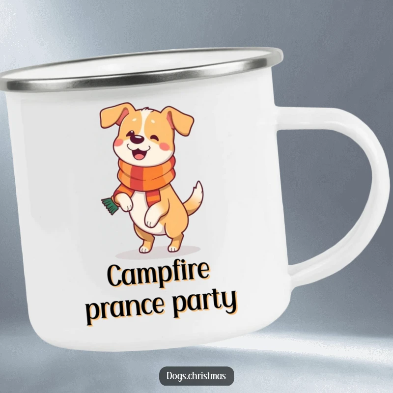 Funny Dog Camping Mug: A durable mug with a funny dog wearing a festive scarf and doing a happy prance, ideal for holiday outdoor fun.