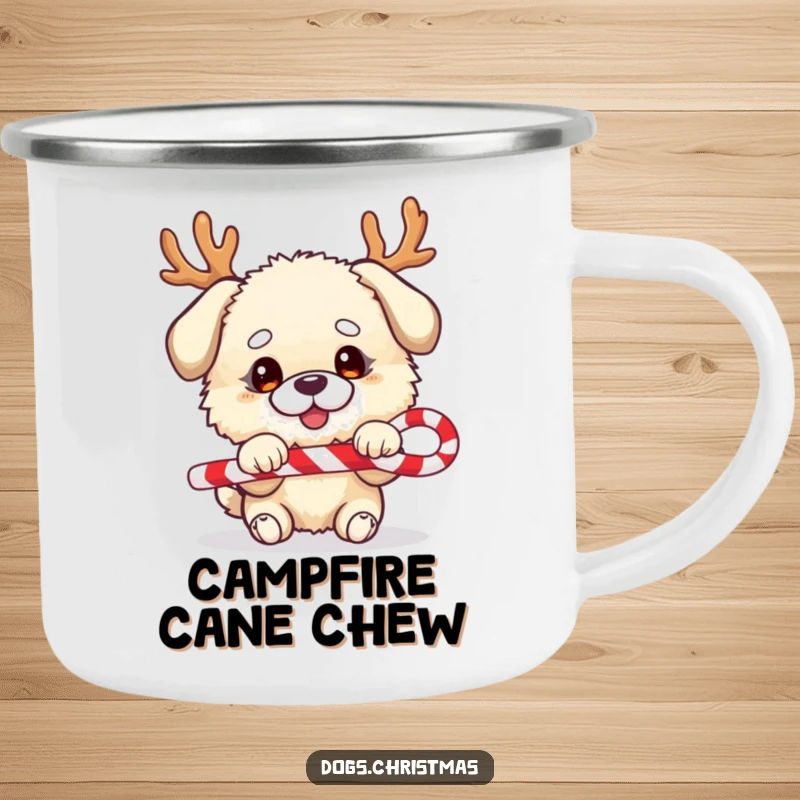 Funny dog camping mug, fluffy character, festive antlers, playing tug-of-war with candy cane, outdoor use.