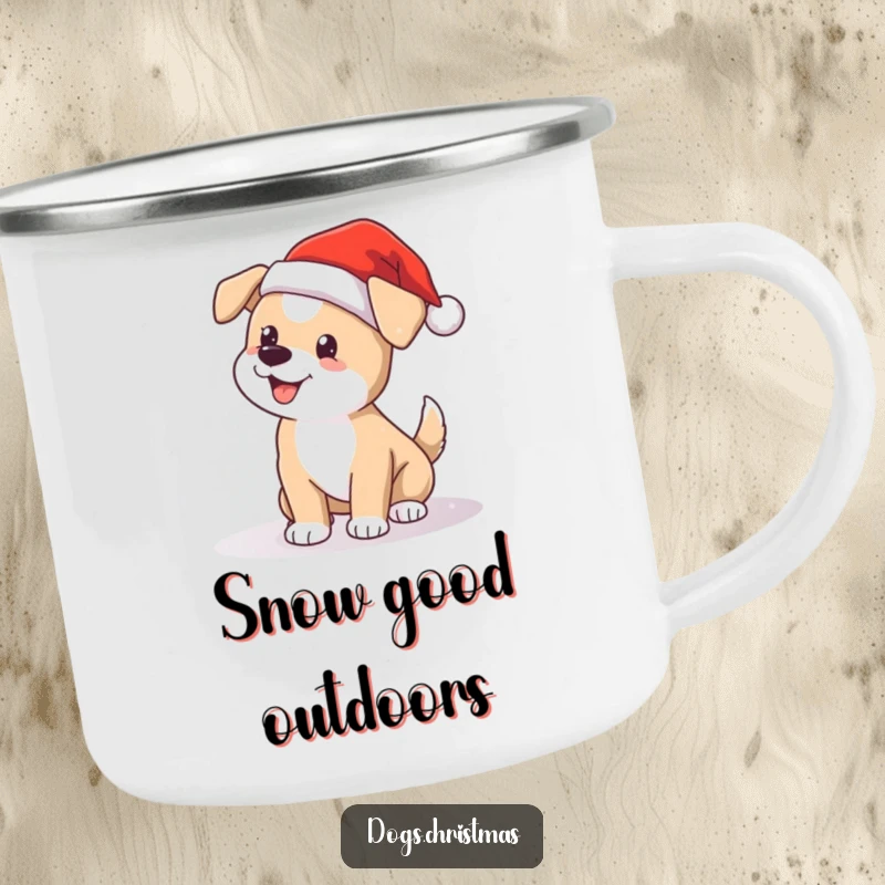 Funny Santa dog camping mug, happy wagging tail in snow, perfect for outdoor holiday enthusiasts.