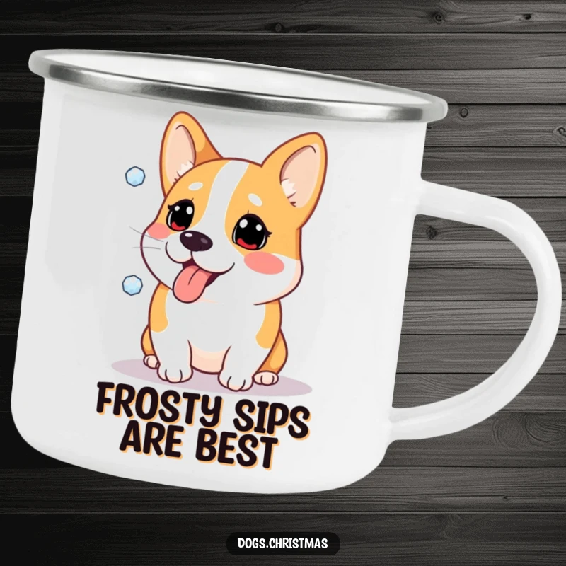 Funny camping mug showing a Corgi dog comically catching snowflakes on its tongue, perfect for winter trips.