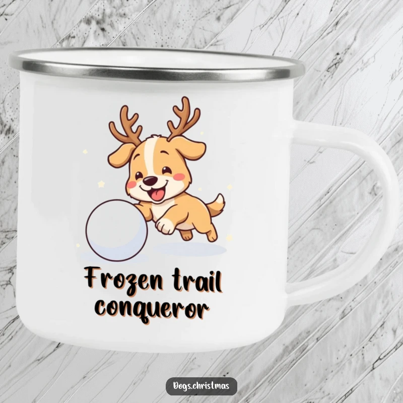 Funny antler dog enamel camping mug with a dog wearing antlers chasing a snowball, ideal for winter camping.