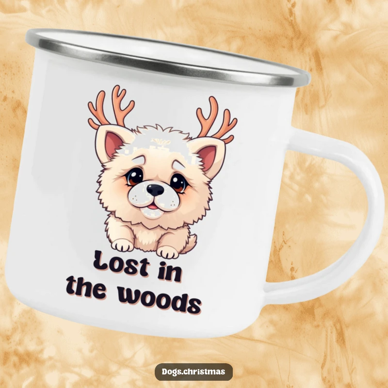 Funny enamel camping mug with a fluffy dog wearing antlers and a confused expression, perfect for outdoor fun.