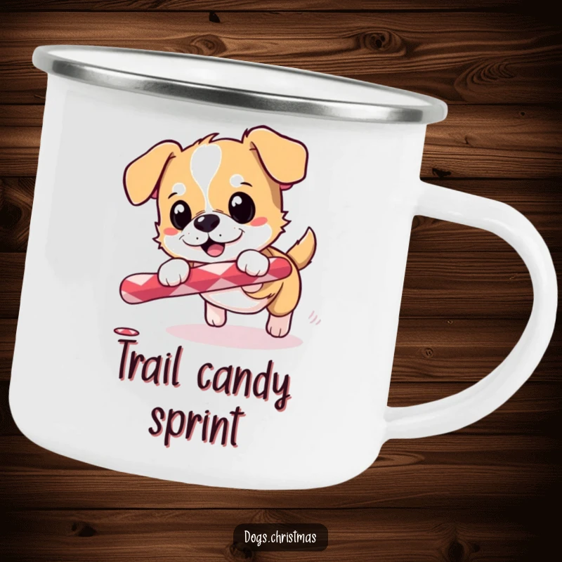 Funny enamel camping mug with a small dog excitedly chasing a rolling candy cane, perfect for outdoor holidays.