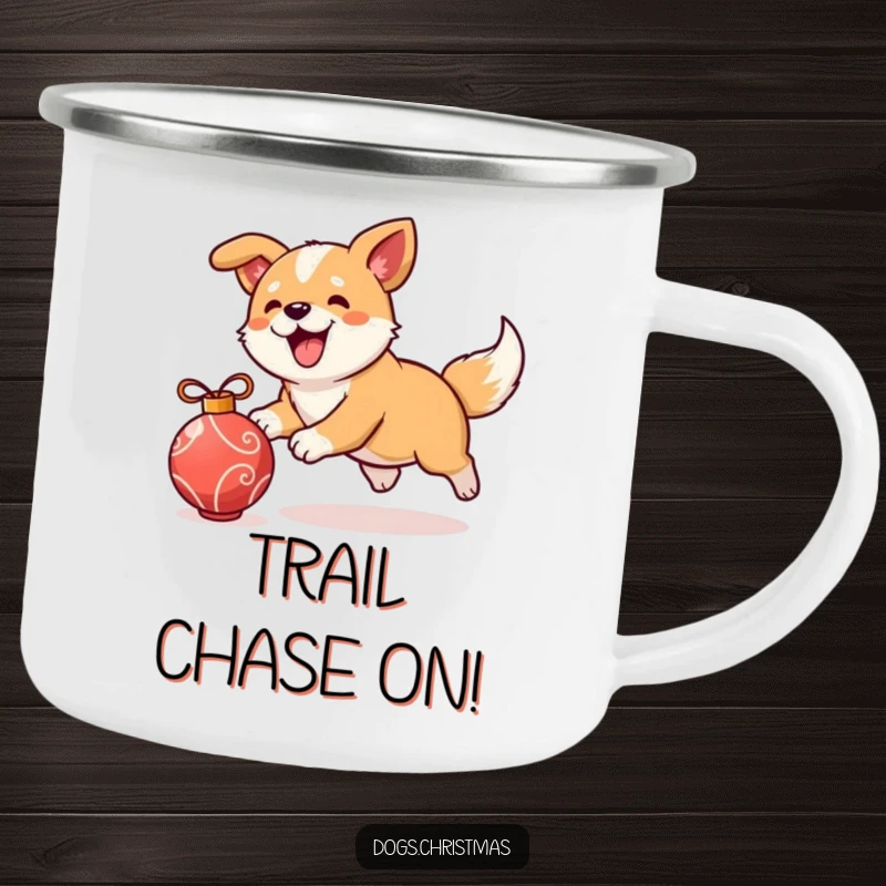 Funny kawaii dog chasing an ornament on a camping mug, festive outdoor gear, cute pup design, perfect funny gift.