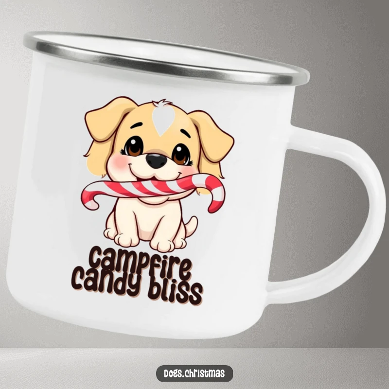 Funny Dog Camping Mug: A durable mug with a funny dog smiling and holding a candy cane, ideal for holiday outdoor fun.