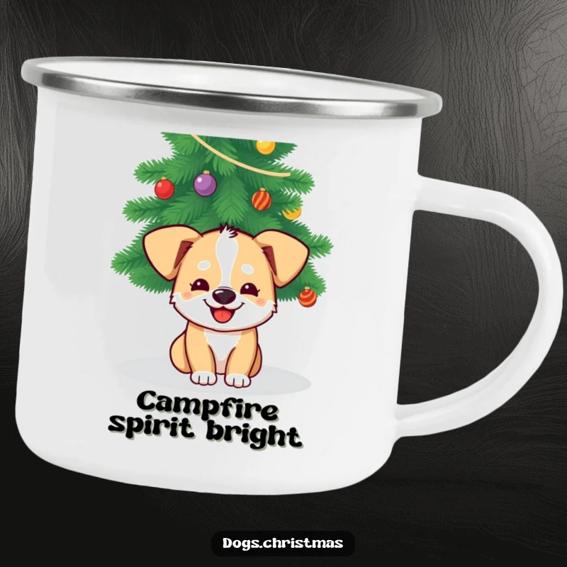 Funny Dog Christmas Camping Mug: A grinning dog peeks from under a Christmas tree, perfect for holiday beverages outdoors.
