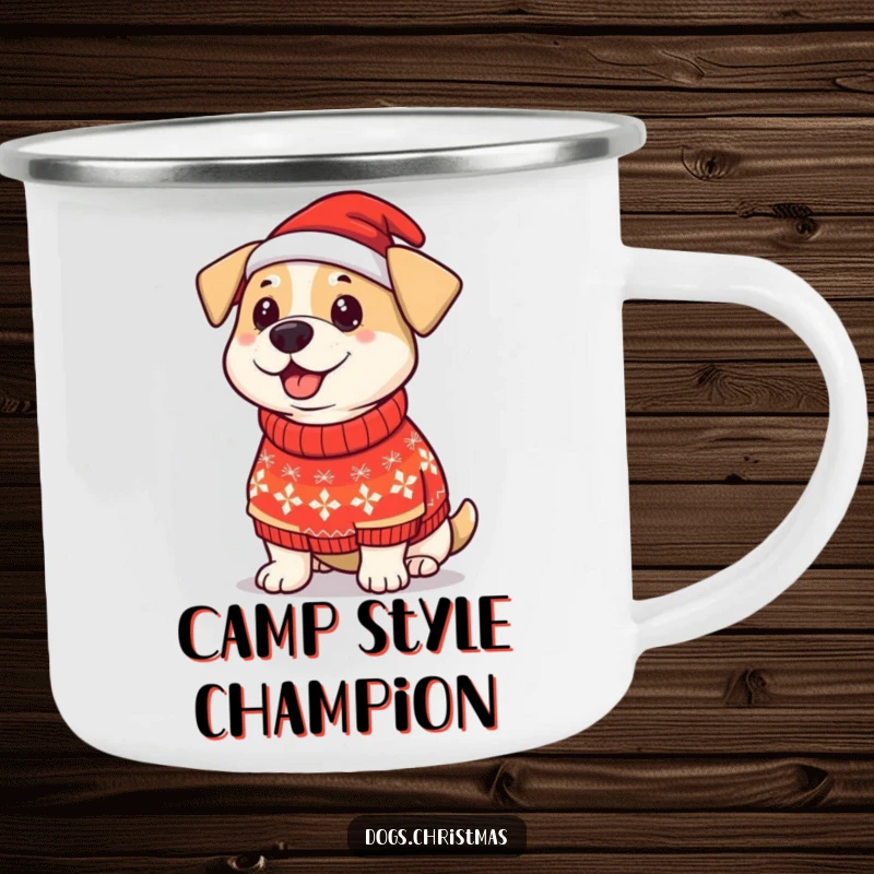 Funny Dog Christmas Sweater Camping Mug: A proud dog wears a silly Christmas sweater, perfect for holiday beverages outdoors.