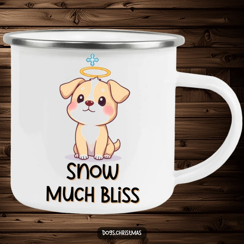 Funny Dog Halo Camping Mug showing a surprised dog with a halo and snowflake, ideal for outdoor humor.