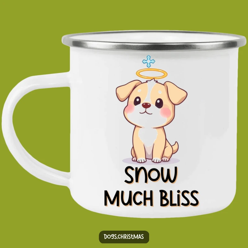 Funny Dog Halo Camping Mug: Enjoy Hot Drinks with Surprised Pup's Halo & Snowflake