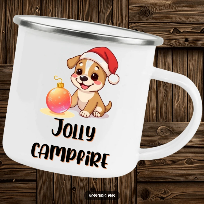 Funny dog camping mug, happy pup wearing tiny Santa hat, playing with a glowing Christmas ornament, perfect for outdoor holiday fun.