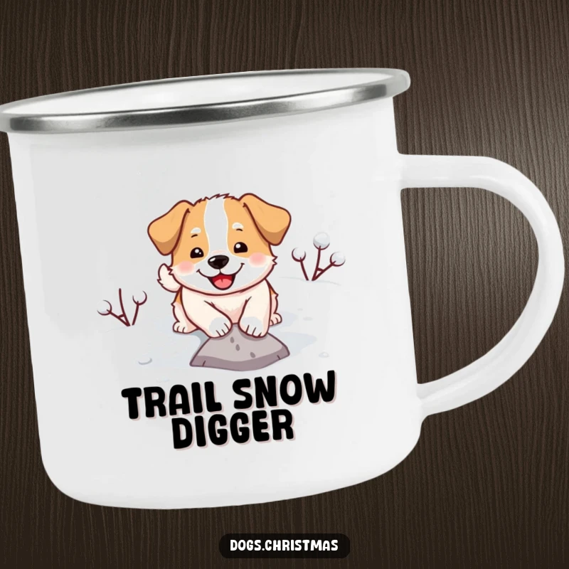 Funny camping mug with a happy dog digging in snow, built for adventure and laughter.