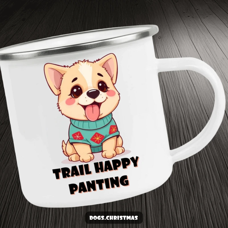 Funny Dog Camping Mug with a cute dog in a festive sweater, panting happily, perfect for outdoor holiday fun.