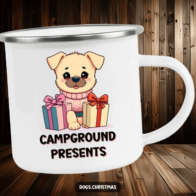 Funny Kawaii Dog Camping Mug: A dog in a festive sweater adores a gift, bringing funny holiday cheer to outdoor adventures.