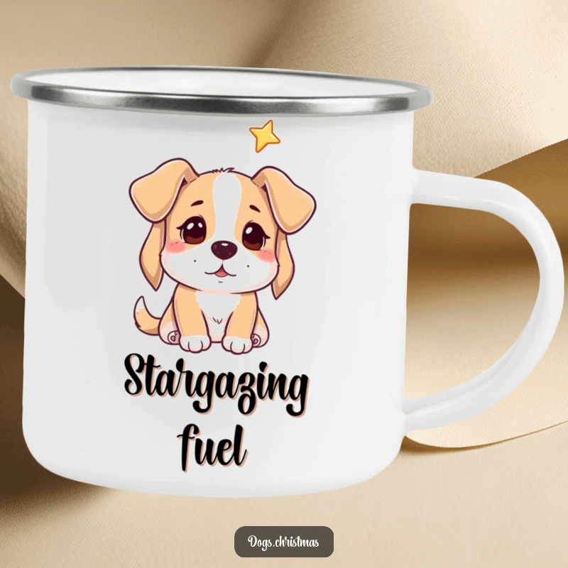 Funny camping mug with a dog gazing hopefully at a star, built for starry nights and dreams.