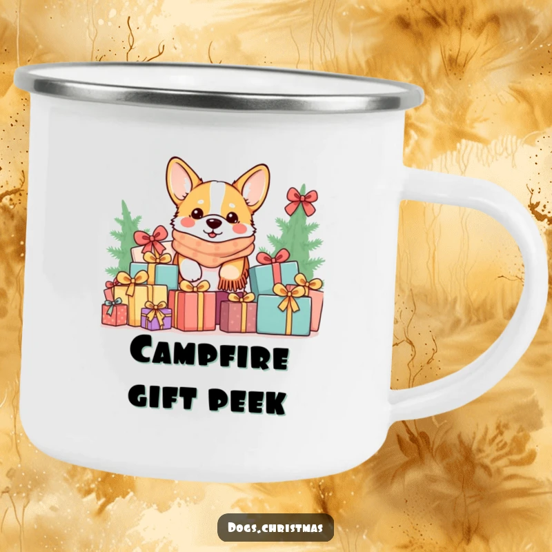 Funny Kawaii Corgi Camping Mug: A corgi in a cozy scarf peeks from a gift pile, a humorous and durable outdoor drinkware.