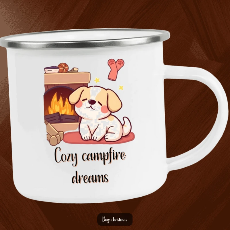 Funny Kawaii Dog Camping Mug: A cute dog dreams by a fireplace, perfect for outdoor enthusiasts who love funny and cozy vibes.