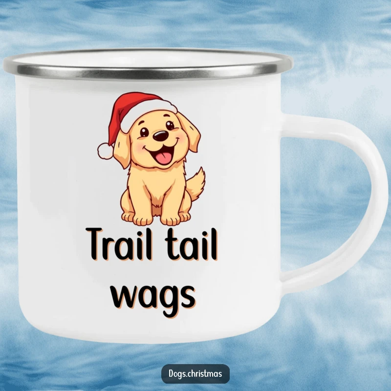 Funny, excited kawaii golden retriever in a Santa hat wagging its tail, mouth open, on a sturdy camping mug.