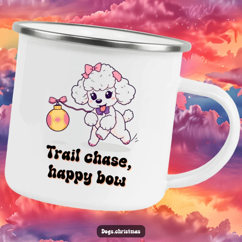 Funny Kawaii Poodle Camping Mug: A cute poodle with bows playfully chases an ornament, a humorous and durable outdoor drinkware.