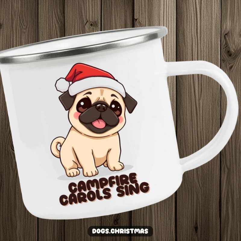 Funny Pug Santa Camping Mug with a cute pug wearing a Santa hat, excitedly wagging its tail, perfect for festive trips.