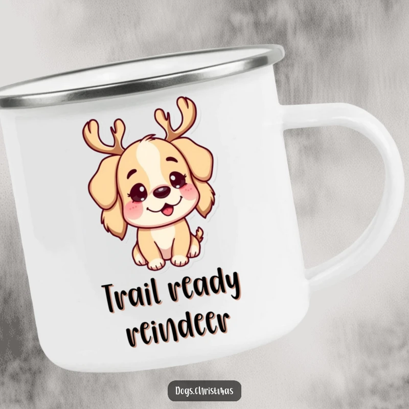 Funny Camping Mug: A playful dog character sporting reindeer antlers, perfect for enjoying drinks in nature.