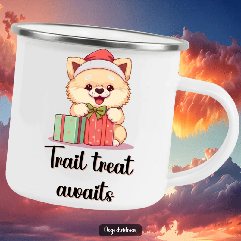 Funny Santa dog enamel camping mug with a fluffy dog in a Santa hat, unwrapping a gift, ideal for festive camping.
