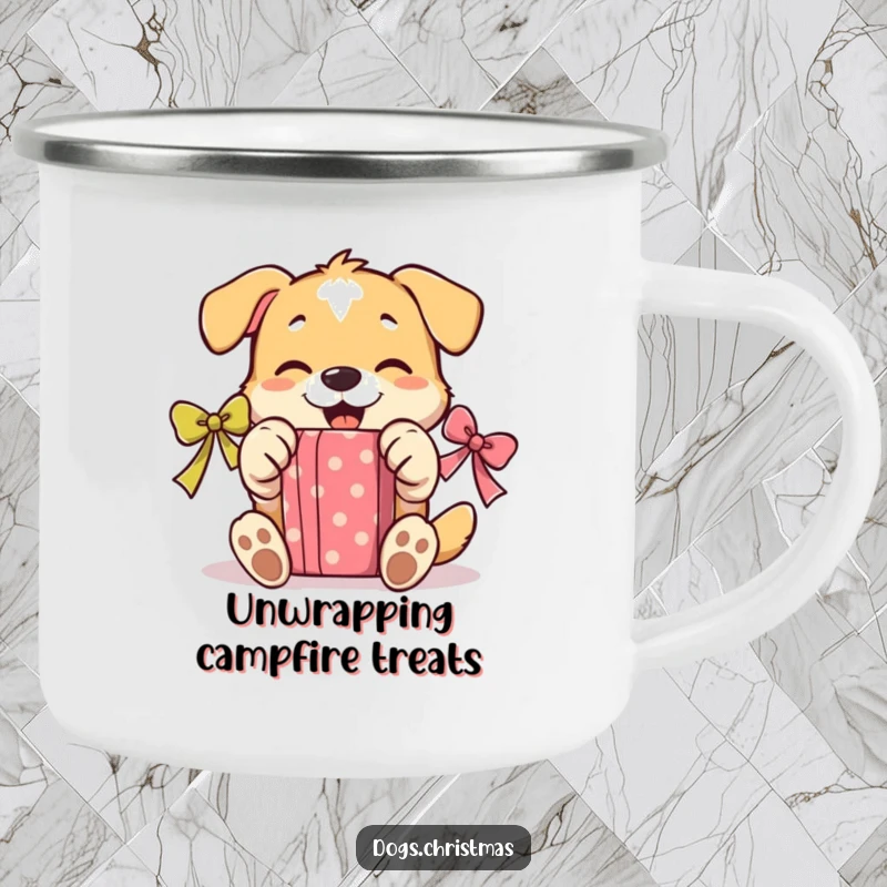 Funny Unwrapping Dog Camping Mug: An enamel mug showing a dog gleefully opening a present with its paws, ready for adventure.