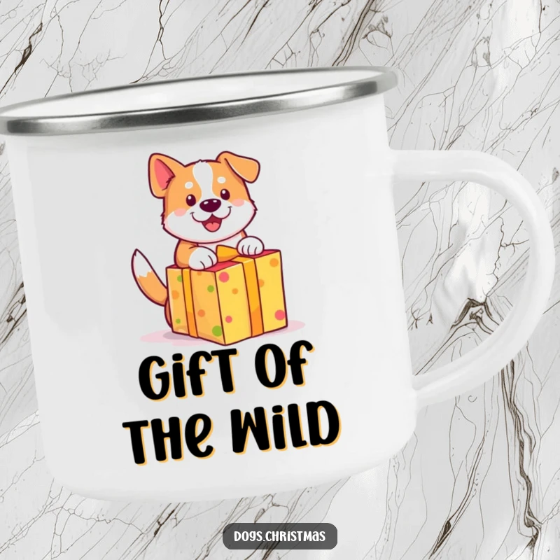 Funny dog camping mug, cute wagging tail, unwrapping a brightly colored gift with excitement, durable for outdoors.