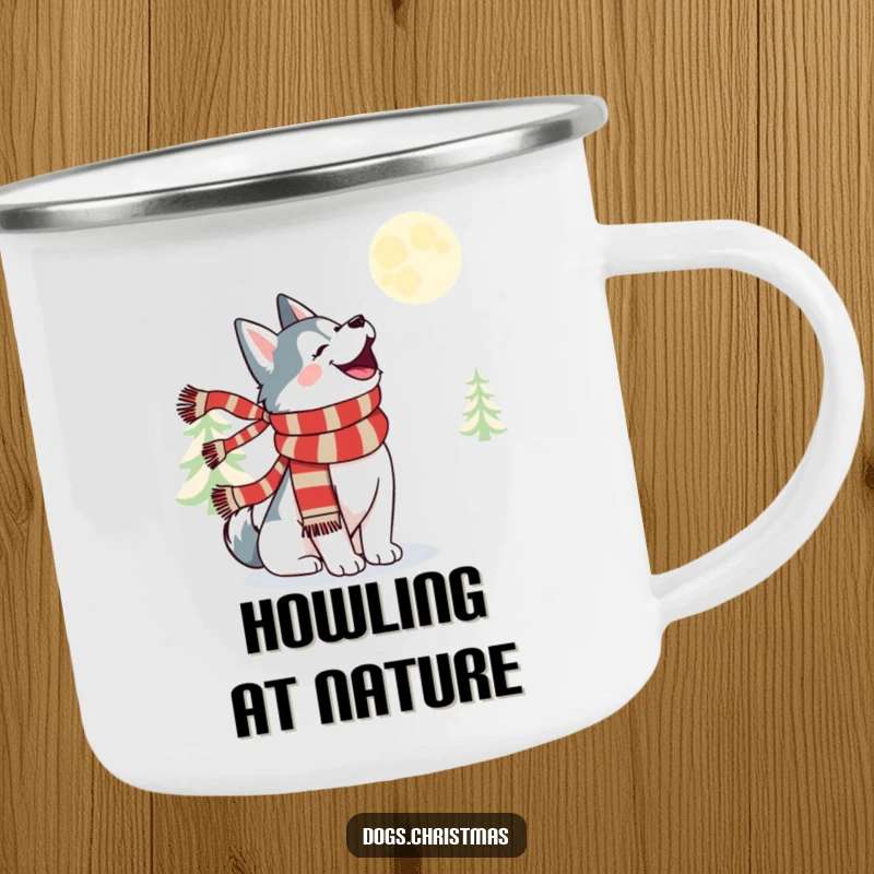 Funny kawaii husky in a festive scarf howling at the moon, perfect for outdoor use camping.